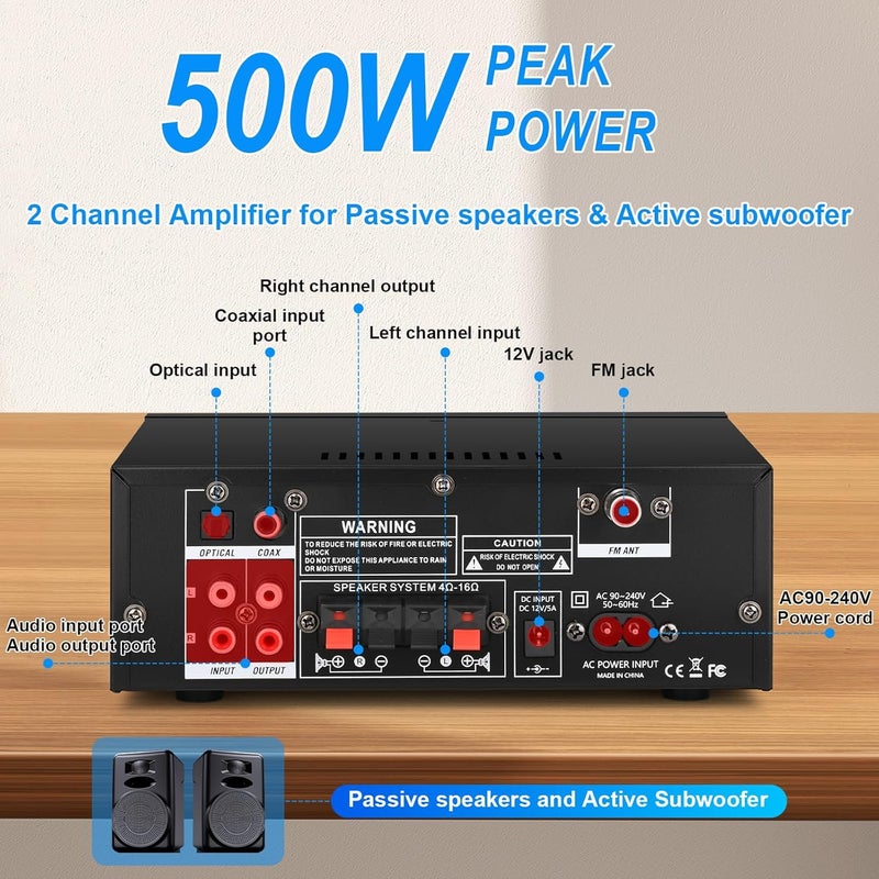 Romicta Romica Stereo Audio Amplifier, 2 Channel 500W Bluetooth 5.0 Home Theater Power Amplifier with FM, Echo, AUX, USB, SD, MIC, Optical & Coaxial Inputs, AMP for Passive Speakers and Active subwoofer - Image 3